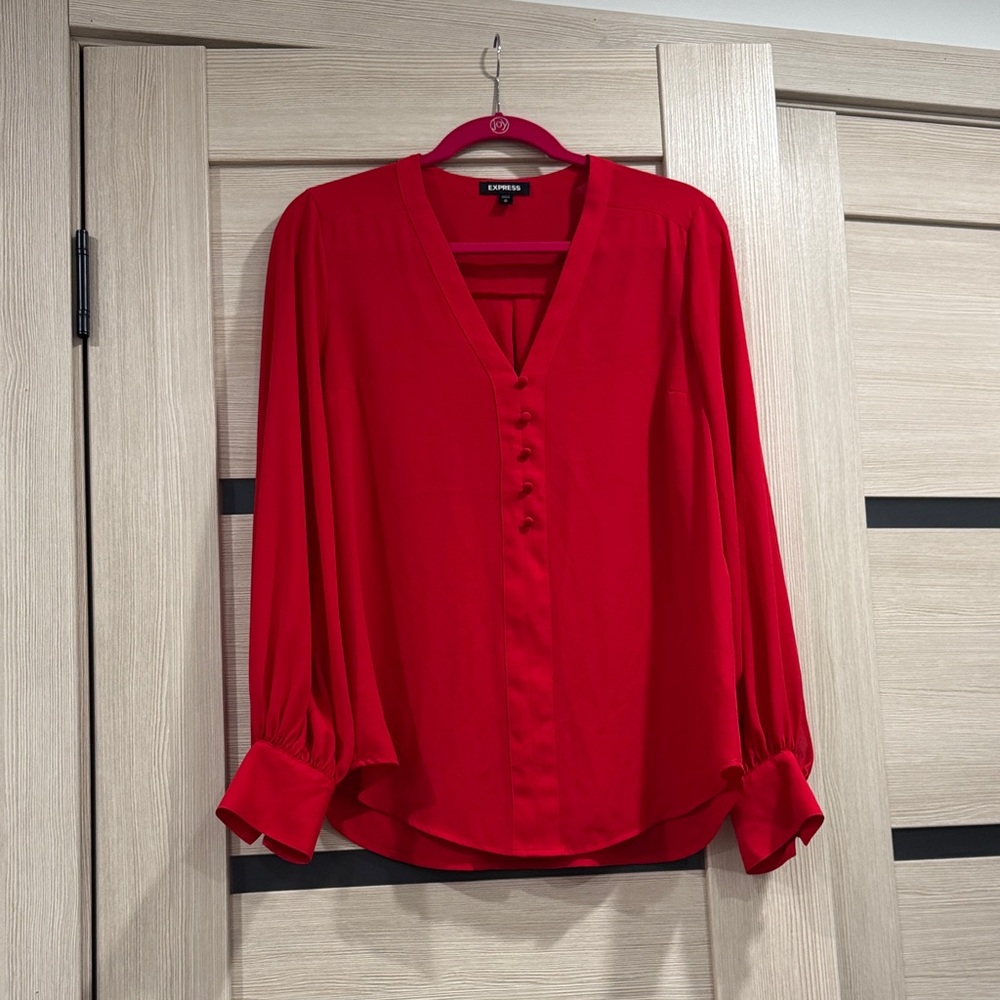 Express Bright Red V-Neck Button-Front Blouse